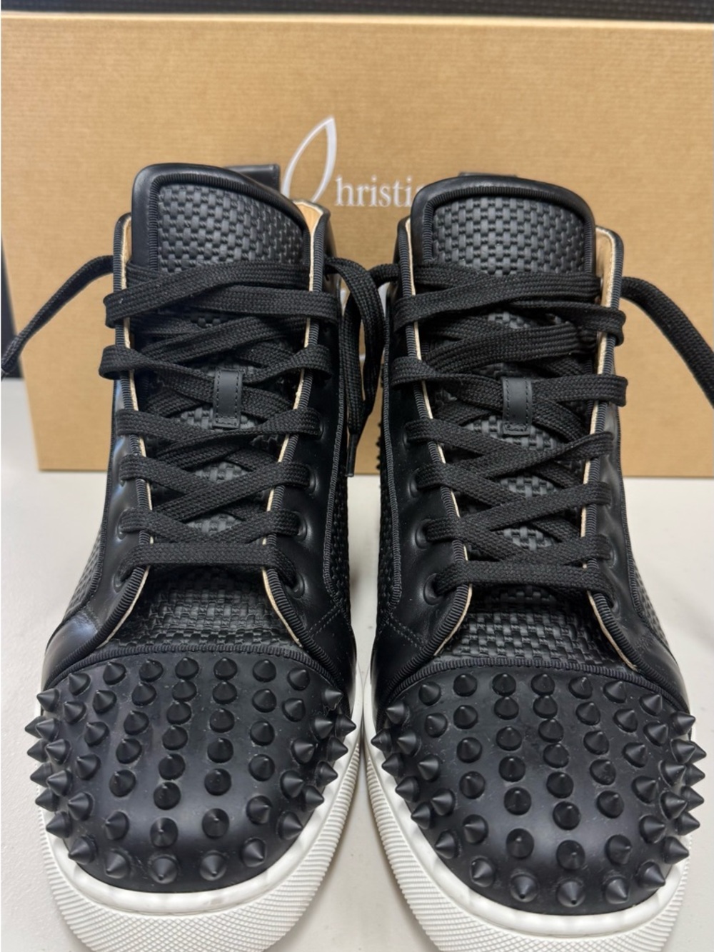 Christian Louboutin Black Spike-Toe High-Top Sneakers with White Sole